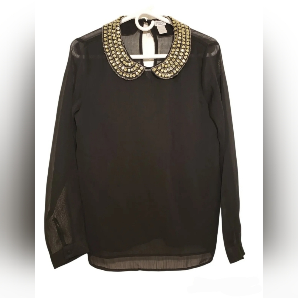 ❤️ CHARMING CHARLIE WOMEN'S SHEER BLACK BLOUSE WITH RHINESTONE COLLAR SIZE SMALL
